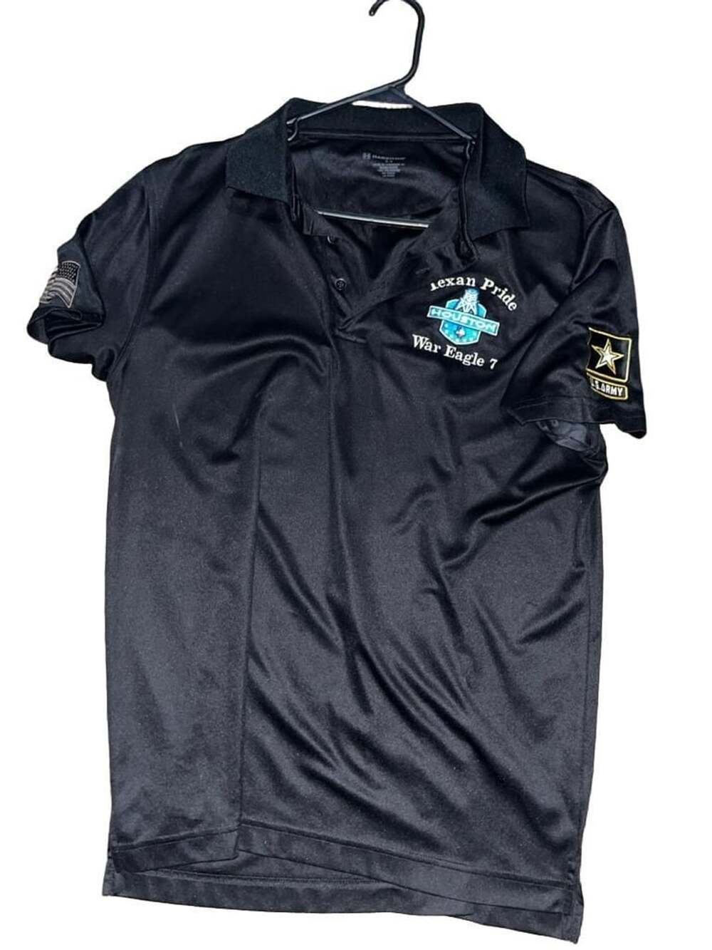 Harriton Black Performance Polo Shirt with US Army and Houston Texan Pride